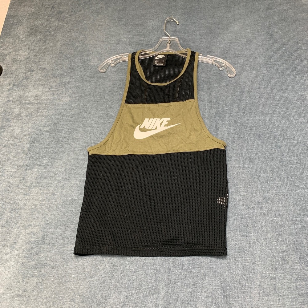 Nike Mesh Tank Top Womens XS Olive Green Black Swoosh Logo Racerback Activewear